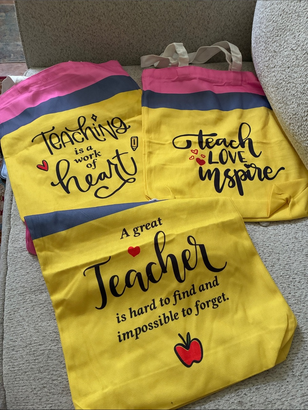 Teacher Tote Bag Set - Yellow Pink Stripe Inspirational Designs